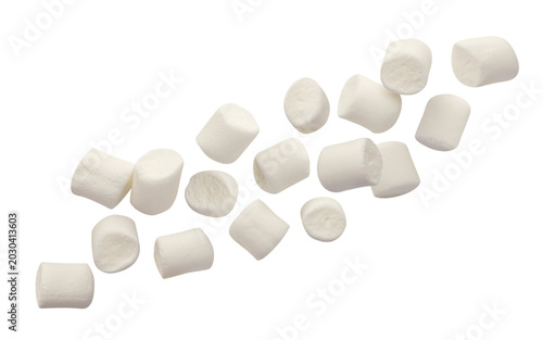 Mini marshmallows flying on a white background. Isolated
