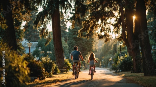 Father and daughter riding bicycles through green urban park premium summer lifestyle concept