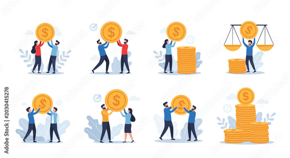 Fototapeta premium Series of illustrations features small people interacting with giant gold dollar coins to represent financial concepts.