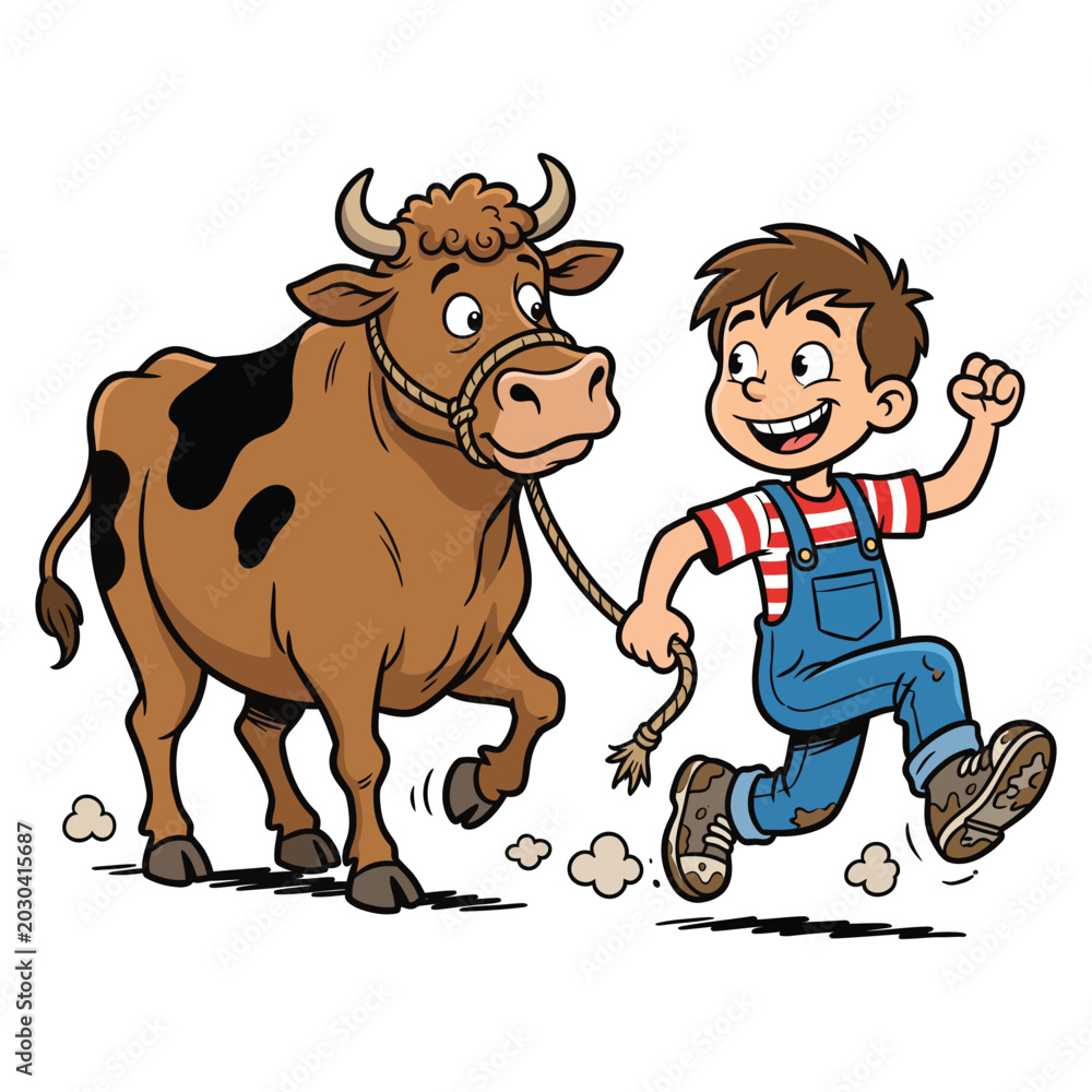 Fototapeta premium Boy Leading Bull with Rope Funny Cartoon Vector Illustration