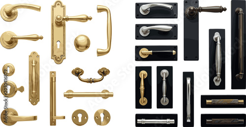 Fotografie Classic Door Handles and Knobs Vector Set featuring Luxury Gold Brass Silver and