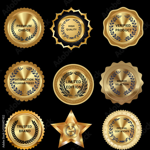 Fotografía Set of 9 Luxury Gold Award Badges Seals Labels with Laurel Wreath