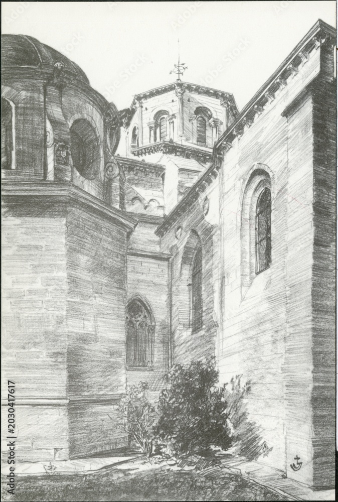Fototapeta premium AVIGNON.LANTERNON.XIIe SIÈCLE.VUE DU SUD.FUSAIN DE J.JACQUES LARGUIER.