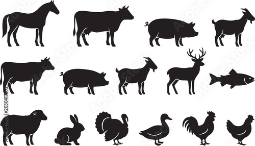 Photography Vector silhouettes of farm and wild animals including horse, cow, pig, goat, dee