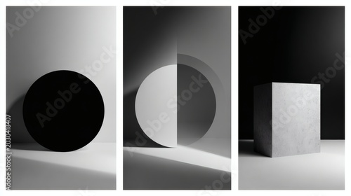 Geometric abstraction featuring a circle and cube in monochromatic tones, exploring form, shadow, and light with a minimalist aesthetic.
