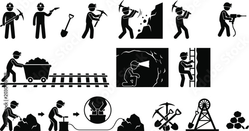 Bild auf Leinwand Coal mining industry worker stick figures and icons set, black silhouette under
