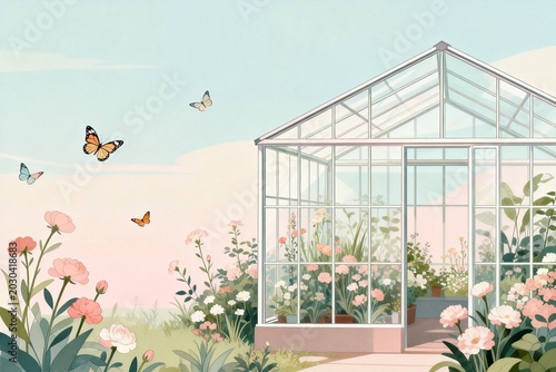 Greenhouse with flowers and butterflies