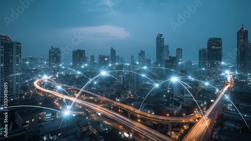 Modern cityscape illuminated at night with glowing network lines connecting buildings and roadways, symbolizing futuristic urban connectivity and technological advancement.