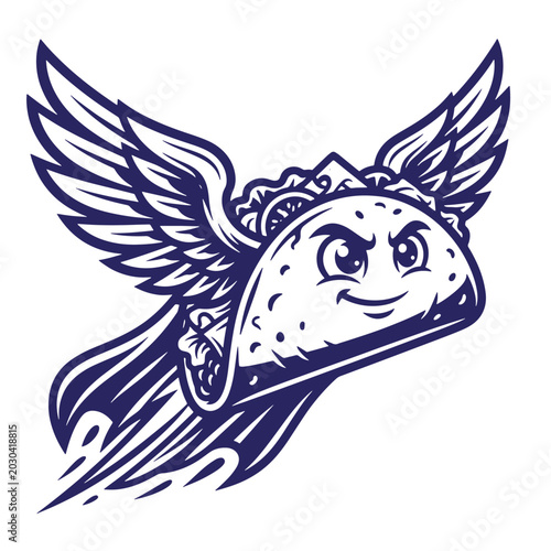 Flying taco character with wings and happy determined face with speed lines graphic fast food delivery determined character delicious illustration restaurant cheerful friendly personificatio