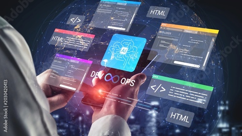 Photos Advanced technologies in software development for DevOps practices with artificial intelligence, HTML interfaces, and coding displays in a digital network environment Gluon