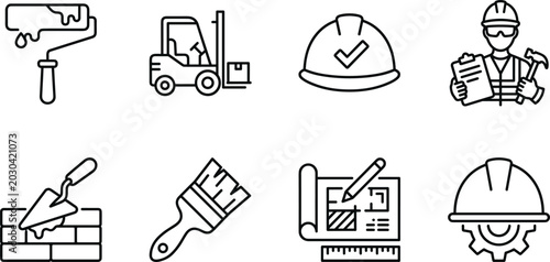 Photos Construction worker with blueprint and tools in a clean line art style for indus