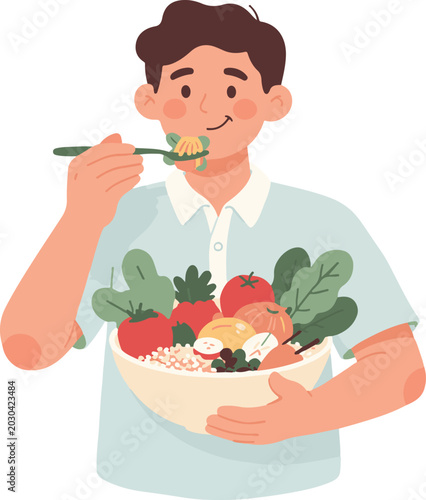 Young Man Eating Healthy Salad Flat Illustration
