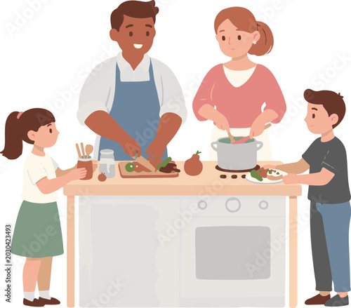 Happy Family Cooking Together in Kitchen Flat Illustration