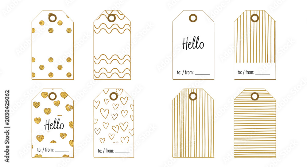 Obraz premium Elegant collection of eight gift tags featuring white backgrounds with gold glitter patterns including dots, hearts, and stripes.