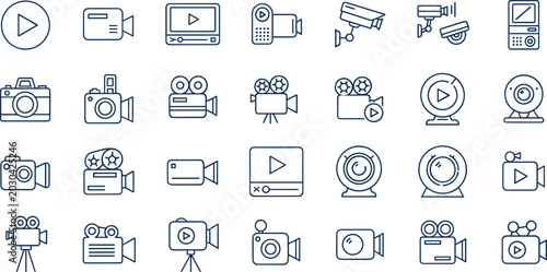 Obraz na plátně Video camera and media recording outline icon set featuring film production surv