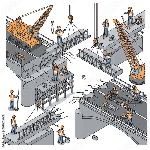 Canvas Print Workers dismantling a bridge with cranes.