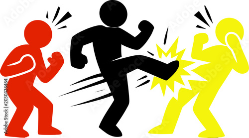 Photography Illustration of a fight or conflict between three stylized figures with social i