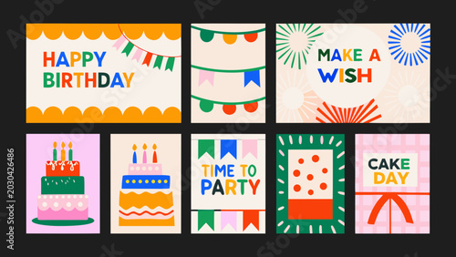 birthday greeting card suite with colorful illustrations and text