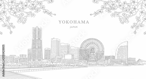 Bild auf Leinwand A lineart illustration of the Yokohama skyline featuring the Landmark Tower and
