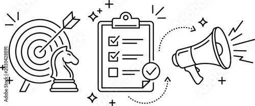 Business marketing strategy planning concept vector illustration with target goal chess knight clipboard checklist and megaphone announcement icon