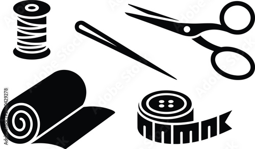 Fotografía Sewing tools: thread spool needle scissors rolled fabric measuring tape with sew