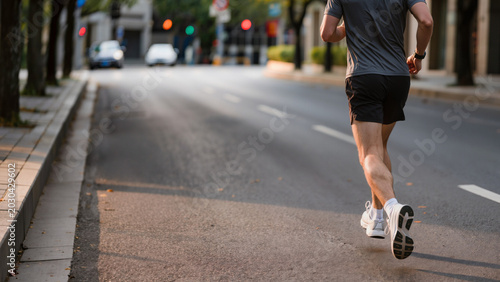 Foto Urban Fitness Routine
​Running Along the City Park
​Morning Jog on Asphalt Road