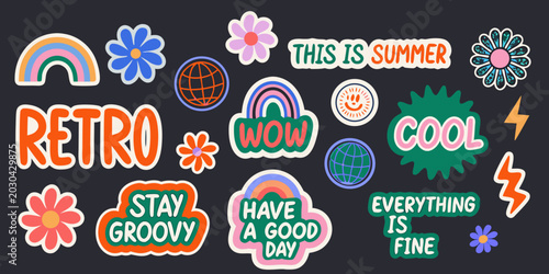 retro summer sticker collection with floral and typographic elements