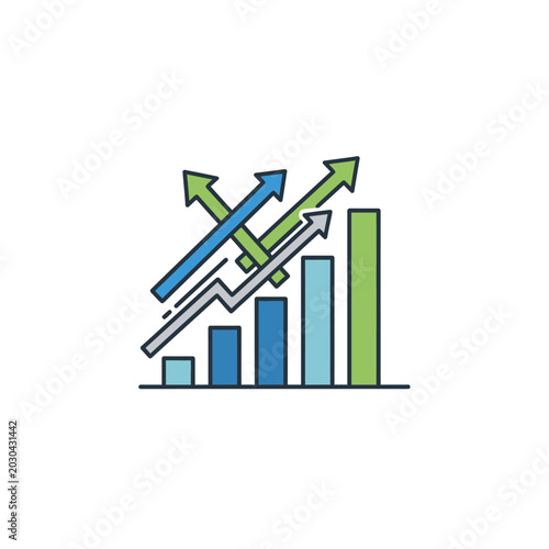 Business bar chart with rising green and blue arrows