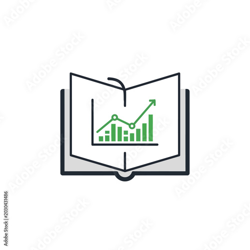Business book with rising growth chart and bar graph icon