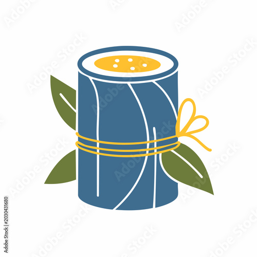 Blue Cylindrical Object with Yellow Ribbon and Green Leaves