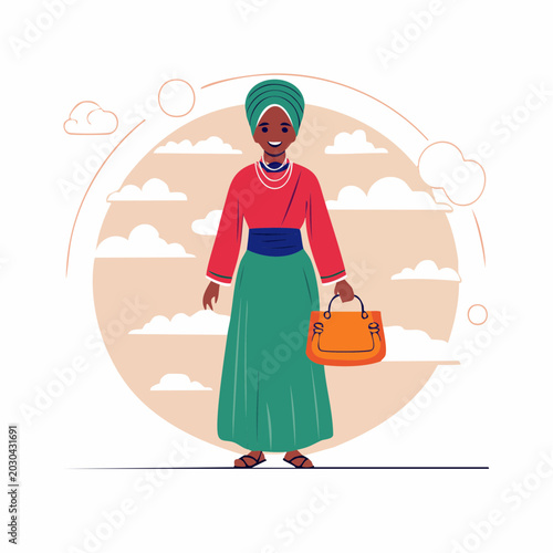 Woman in Traditional Attire Holding a Handbag