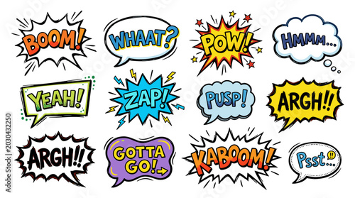 Collection of colorful comic book style speech bubbles with sound effects