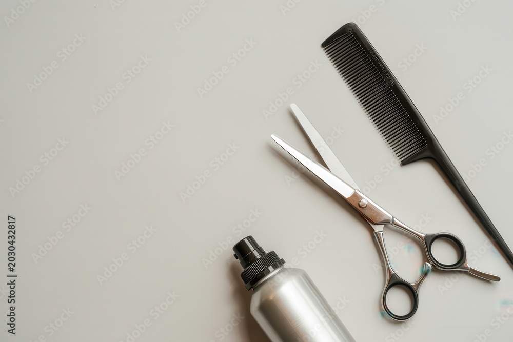 Fototapeta premium Haircut tools arranged on surface including scissors and comb