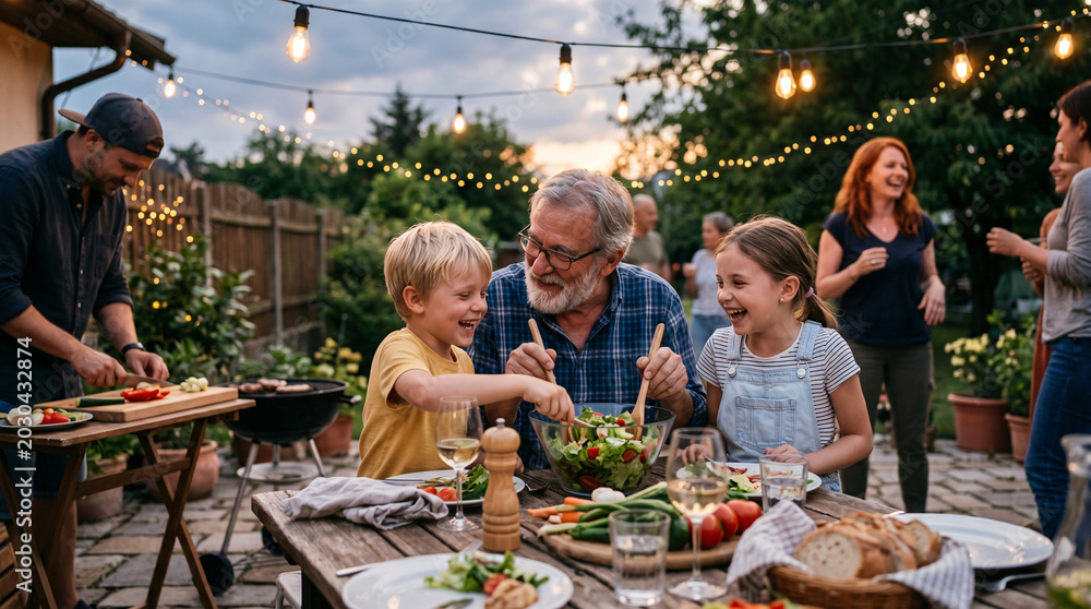 © InoStudiox - Famille heureuse partageant un repas convivial dans un jardin illuminé © InoStudiox - Famille heureuse partageant un repas convivial dans un jardin illuminé