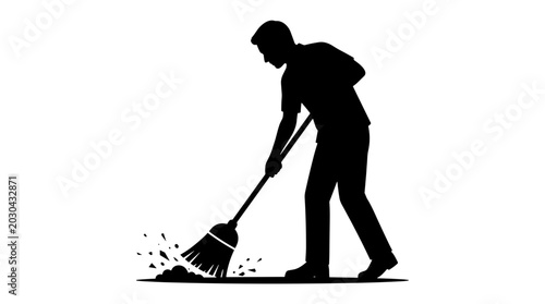 Silhouette of person sweeping floor with broom