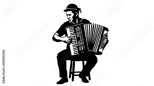 Black and white illustration of a man playing an accordion seated