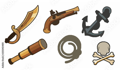 Photos Pirate adventure weapons vector collection with cartoon sword pistol and nautica