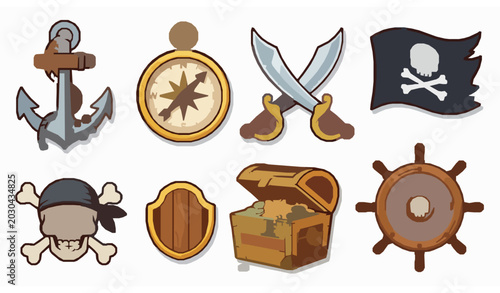 Photos Pirate symbols vector illustration with skull crossbones anchor compass and flag