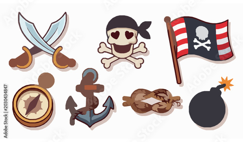 Cute pirate adventure symbols collection with cartoon anchor compass and crossed swords vector
