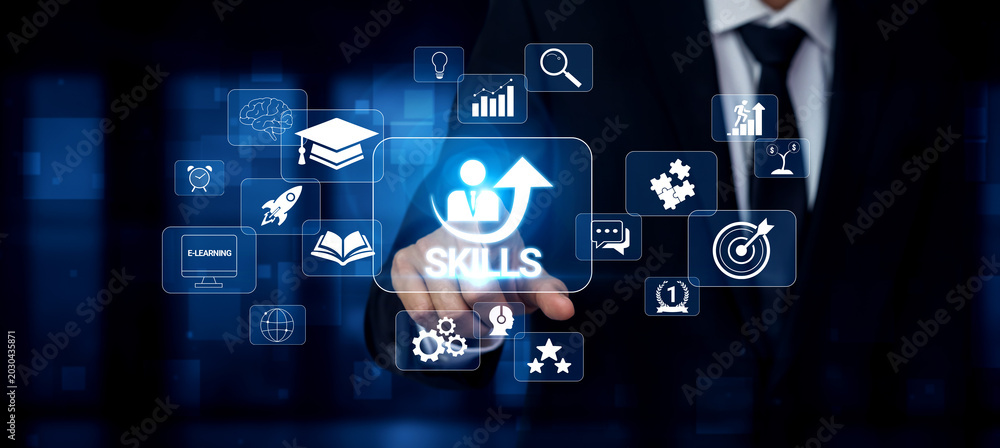 Fototapeta premium Business Professional Interacting with Digital Skill Development Icons and Infographics in a Modern Office Environment Quark.
