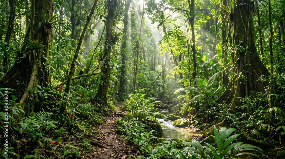 Obraz premium Lush tropical rainforest with a crystal-clear stream, vibrant green foliage, and sunlight rays filtering through dense jungle trees.