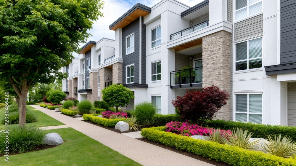 Obraz premium Modern apartment complex exterior with landscaping and pathway