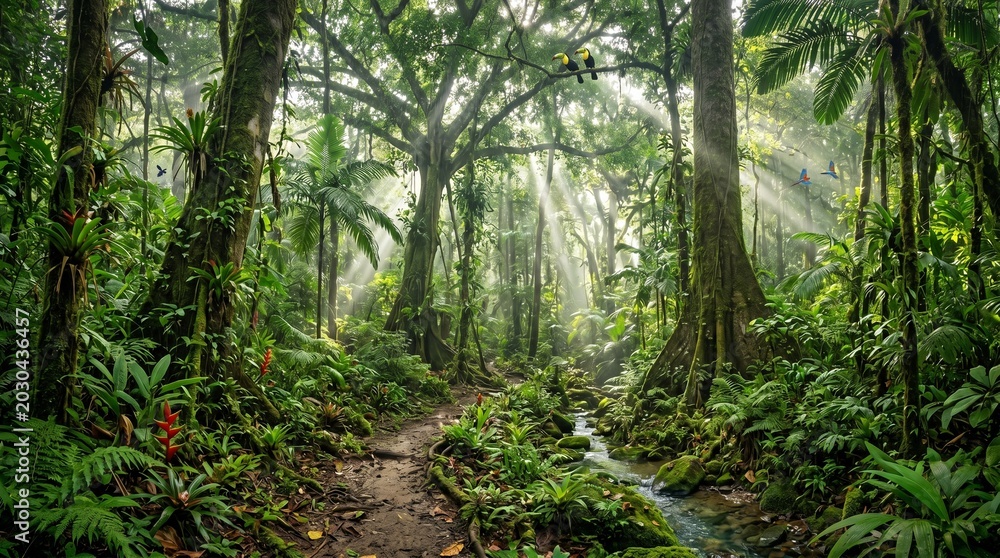 Obraz premium Lush tropical rainforest with a crystal-clear stream, vibrant green foliage, and sunlight rays filtering through dense jungle trees.