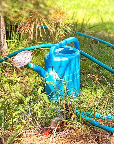 Canvas-taulu blue watering can for watering the grass in the garden