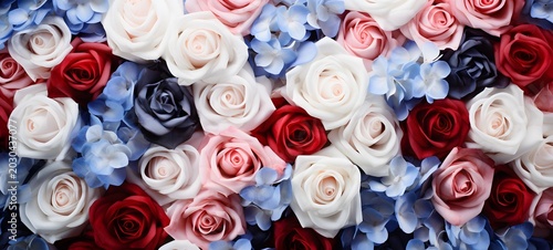 hyper realistic photorealistic distant top-down view of a vast surface densely covered with real roses in a soft mix of red. Generative AI