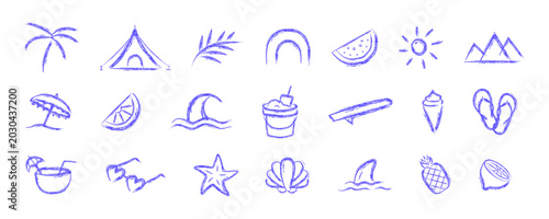 hand drawn summer doodle icon set with beach vacation tropical travel elements sketch line art vector collection
