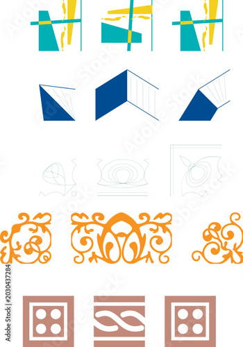 Geometric shapes, abstract icons, decorative elements, colorful graphics
