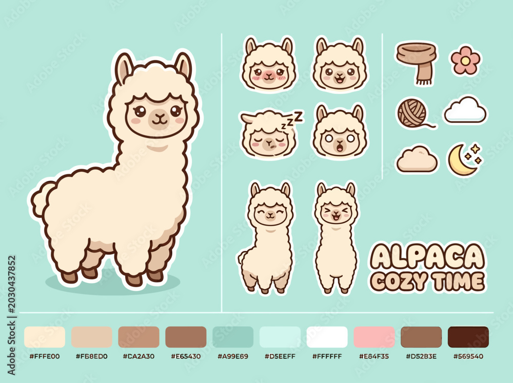 Obraz premium Cute cartoon alpaca standing alone smiling.