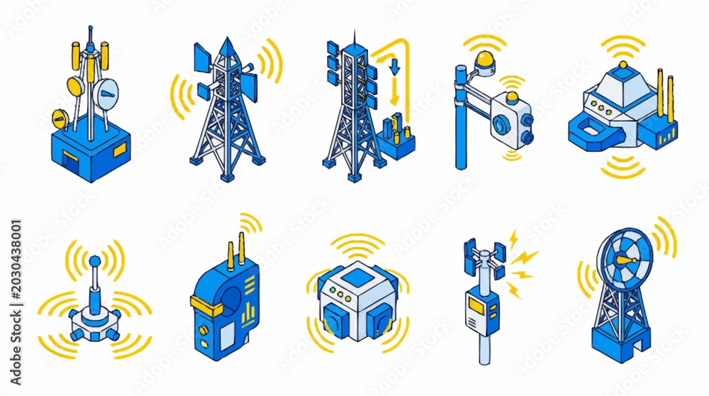 Fototapeta premium Collection of various industrial communication towers and antennas.