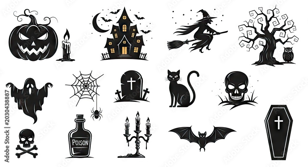 Obraz premium Halloween black silhouette icon collection on white background